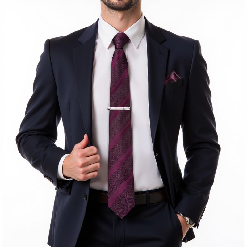 DiBanGu Mens Striped Tie Silk Woven Necktie and Pocket Square Cufflinks Tie Clip Set Wedding Business Formal, Burgundy - Image 2